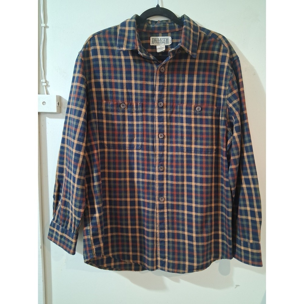 Duluth Trading Co Mens Medium Relaxed Fit Plaid Flannel Shirt Navy Gold Cotton